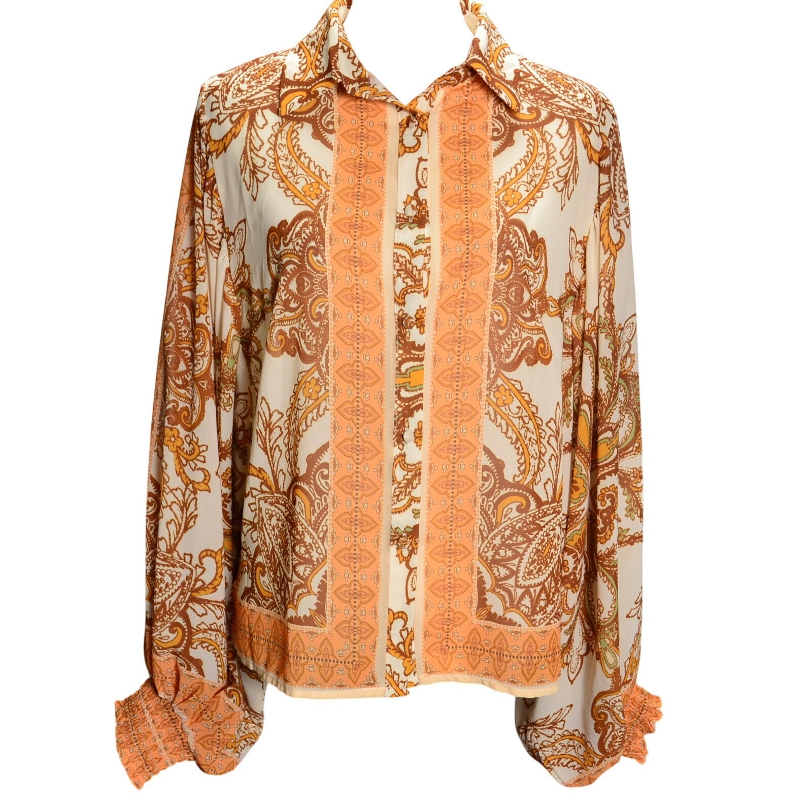 Flying Tomato Boho Paisley Button Up Blouse Sheer Flowy 70s Inspired Statement M